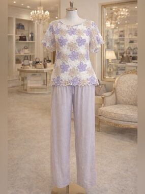 Alfred Dunner White Lace Overlay Top with Lavender Pants